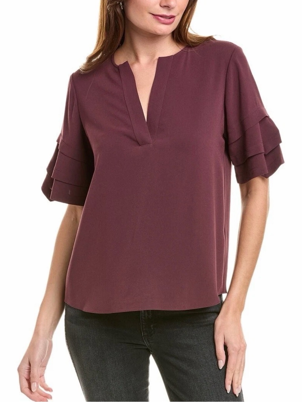 FRAME Mulberry Tiered Ruffle Short Sleeve Top Size Medium Split V Neck Blouse